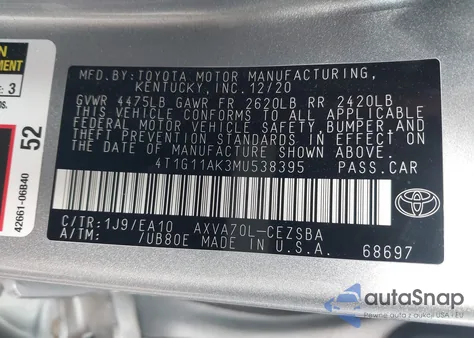 2021 Toyota Camry Se из США, поврежденный, VIN 4T1G11AK3MU538395